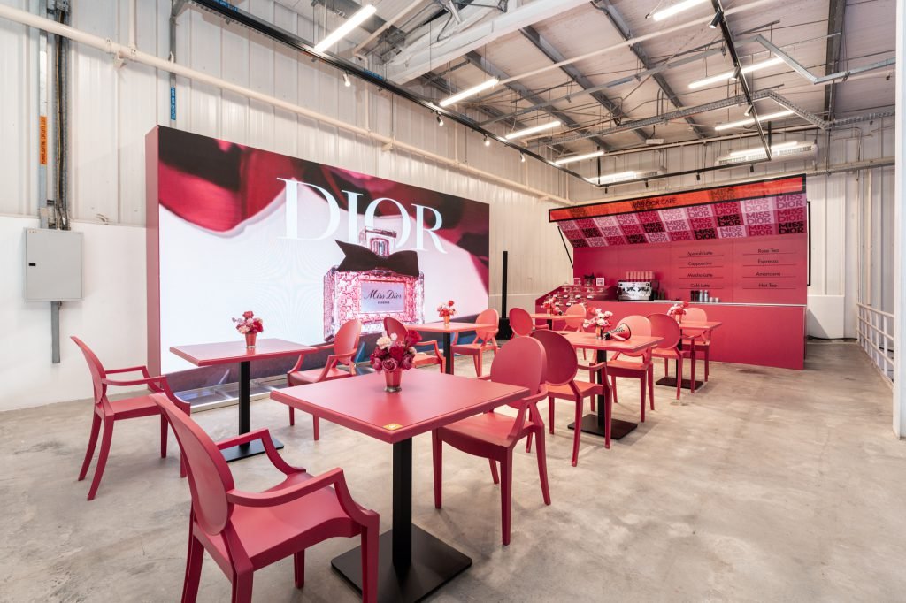 The all-pink seating area of the Miss Dior Café