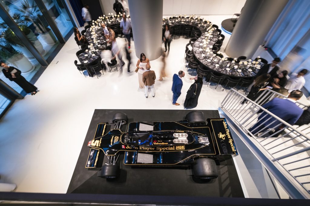 Overhead view of the Lotus F1 car display at ISOLA Design Space